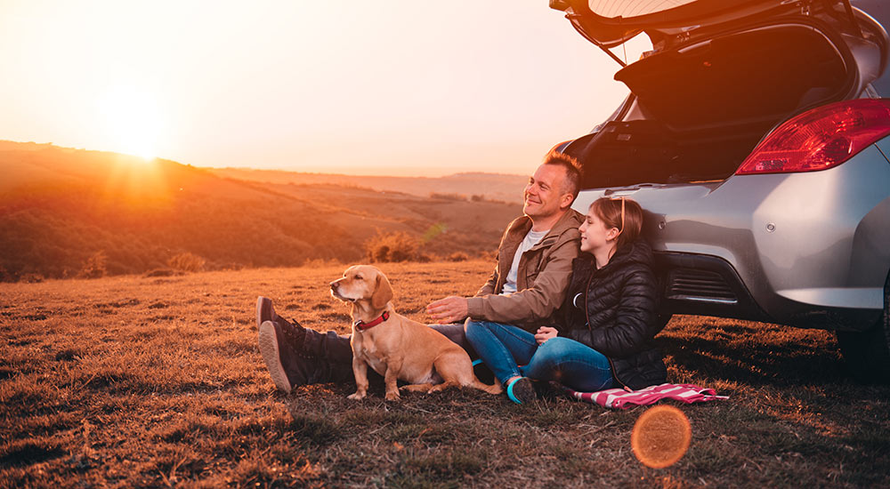Father and daughter enjoying a sunset next to their car