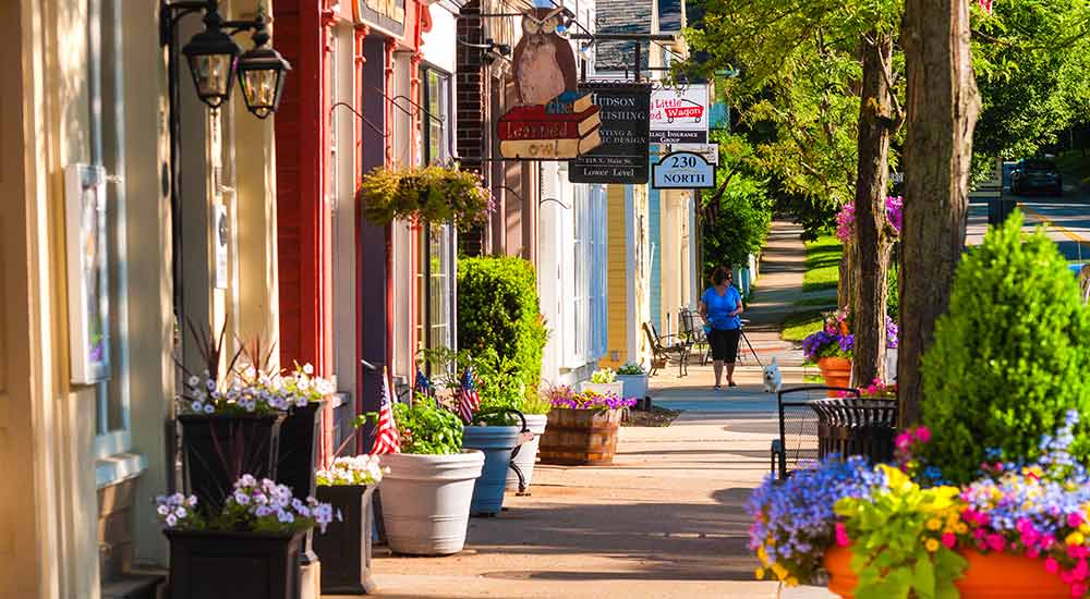 Small local shops and services buildings on a town